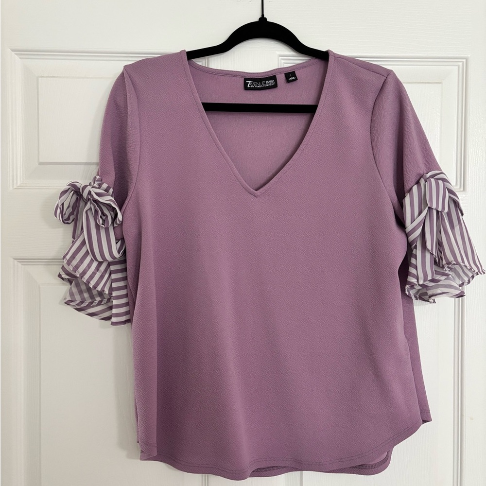 7th Avenue Lavender V-Neck Blouse with Striped Ruffle Sleeves